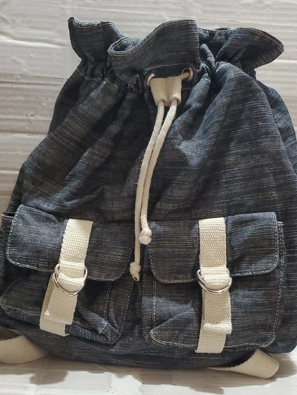 Denim-Look Drawstring Backpack with Cream Strap Details